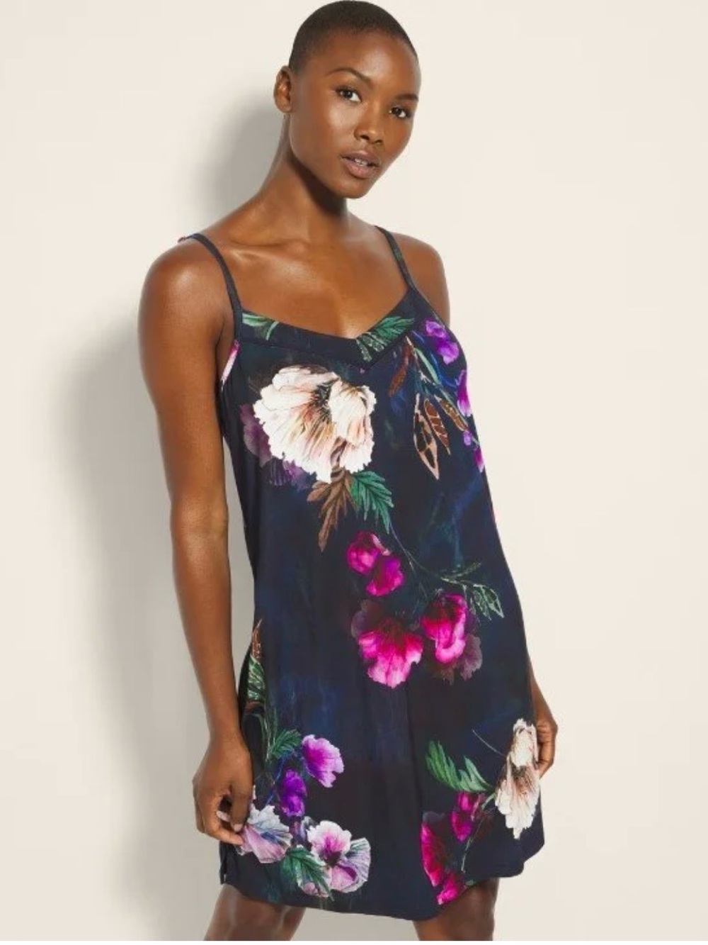 Soma Navy Slip Dress with Pink & Purple Floral Print size XS